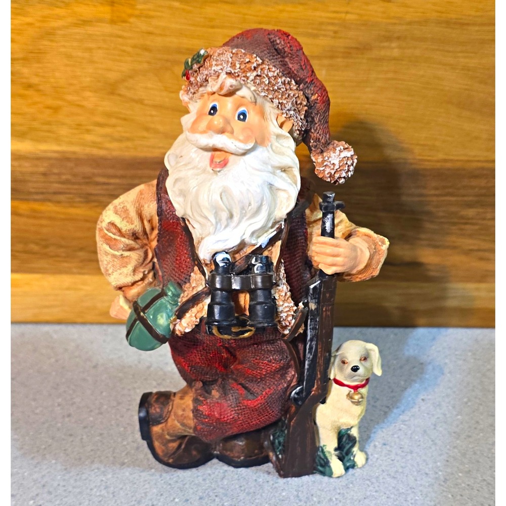 Santa Claus Hunting Resin Christmas Figurine w/ Dog, Rifle & Binoculars 3D